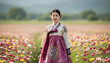 © ChimE - Ethereal Hanbok: A woman draped in the timeless elegance of a Hanbok strolls amidst a vibrant expanse of blooming flowers, exuding serenity and grace.