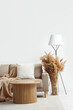 © Pixel-Shot - Interior of light living room with sofa, table and pampas grass
