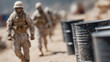 © pattozher - Military March and Barrels: A determined unit of soldiers strides forward, a line of imposing barrels. This image speaks to resilience, determination, and the stark realities of conflict.