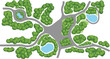© sweet.love.com - Top-down aerial view vector illustration of a green park landscape design featuring winding roads, lush trees, and three serene blue ponds, ideal for urban planning and map graphics.
