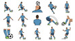 © YUDA - Collection of illustrations depicting a soccer player performing various actions and skills with a football on a white background.