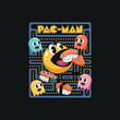 © Moznu - Pacman video game parody character eating sushi roll in retro arcade maze illustration