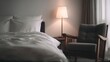 © Teerasak - Modern Luxury Bedroom: Cozy Bed, Armchair & Warm Ambiance, Hotel room, Interior design
