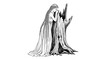© Iminos - Mystical Dryad Embracing Ancient Tree Stump in Black and White Illustration.