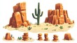 © Chaikit - Playful cartoon vector set of southwestern desert geology, featuring a large butte, a collection of smaller stacked stones, and a cracked cliff face, all in a warm, sunny color scheme with clean