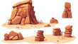 © Chaikit - Playful cartoon vector set of southwestern desert geology, featuring a large butte, a collection of smaller stacked stones, and a cracked cliff face, all in a warm, sunny color scheme with clean