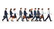 © Dua - A diverse and determined group of business professionals, including men and women, walking forward in an organized single file line, symbolizing corporate progress, teamwork, and career advancement