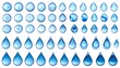 © toples - A collection of blue, clear, and translucent droplets is showcased against a stark white backdrop, ranging in size and shape