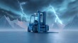 © sornram - A blue forklift stands in a dramatic landscape under stormy skies, highlighting its industrial strength and reliability.