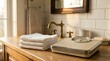 © Hassan - White Vintage Analog Bathroom Scale with Folded White Towels and Brass Faucet