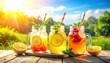 © Sunshine - Vibrant mason jars filled with lemonade, fruits, and mint on a wooden table in a sunny outdoor setting.