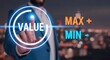 © Nasim - Man in blue suit pressing virtual value button with max min text overlay