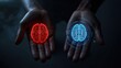 © Sandor - Human Brain vs AI Brain in Open Hands, Red Natural Mind and Blue Digital Neural Network with AI Chip, Futuristic Human-AI Contrast Concept Macro
