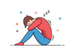 © Влада Яковенко - Extreme tiredness body language person sitting with head dropped forward and curved spine while subtle decorative marks indicate sleepiness and fatigue. The