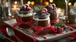 © fivan - A festive dessert arrangement featuring chocolate pots with decorative ribbons