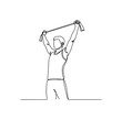 © Svitlana - Pulling Resistance Band. Minimalistic one-line drawing individual pulling resistance band overhead to strengthen upper body, continuous single black line on