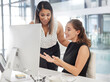 © peopleimages.com - Coaching, assistant and business women with computer for collaboration, teamwork or online proposal in office. Excited, employees or discussion with tech for project management, approval or feedback