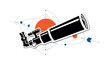 © Coosh448 - retro telescope observing a planetary system with planets aligned in orbit, black and white cut-out telescope with white contour outline, bold orange circle