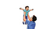 © Tasfiq - A smiling father is joyfully lifting his young son high into the air with outstretched arms.