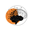 © Влада Яковенко - Conceptual awareness theme with black-and-white brain silhouette partially replaced by geometric blocks, orange circular halo behind, thin black linear