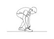 © Svitlana - Preparing Running Shoes. Minimalistic one-line drawing person bending to tighten laces on running shoes, continuous single black line on white background,