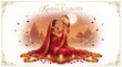 © Aditta - Happy Karwa Chauth festival greeting with a woman in red sari observing the moon through a sieve amidst diyas, rose petals, and temple silhouettes