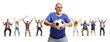 © Ljupco Smokovski - Happy senior man holding a football with a group of cheering people in the background
