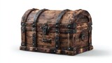 Vintage wooden chest with metal hardware isolated on a clean white background
