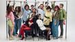 © Lustre Art Group  - Crowded group of people holding handrails standing tightly in subway carriage. Concept of rush hour commute, urban transport pressure, overcrowding problem, and daily city life.