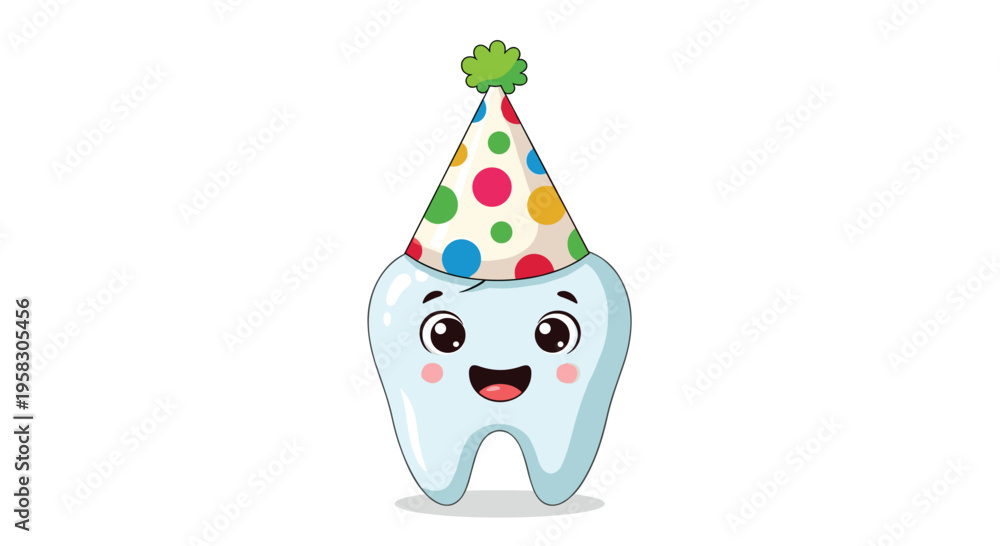 A cute cartoon tooth character with big eyes and a happy smile wears a ...