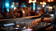 © Laura - Faceless DJ hand skillfully mixing tracks on professional setup during lively event, immersing audience in music rhythm and electrifying nightlife energy concept, defocused crowd