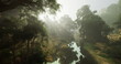 © icetray - panoramic ruins and river beneath glowing canopy, golden beams and mist creating warm atmospheric vista, wide aerial perspective suited for travel, conservation