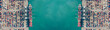 © AU USAnakul - Panoramic top-down aerial view of container ports mirrored symmetrically on both sides of turquoise sea, with colorful cargo containers aligned along piers and open water space in center, creating str