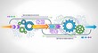 © Dunia - Complex automation workflow infographic with colorful gears arrows and binary code strings on white clean background