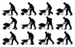 © loveley0190 - Silhouette of workers pushing wheelbarrows with heavy loads in sequence industrial labor concept hardworking team effort repetitive motion black and white