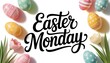 © MdMojiburRahaman - Flat lay of decorative easter eggs and tulips on white background with hand lettered 'easter monday' text with copy space