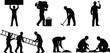 © Shahanaj - Black silhouette set of construction workers in hard hats performing manual labor including carrying ladders shoveling and using tools for building