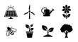 © Mir Rahima Bari - Eco friendly energy and nature icon set featuring solar panels wind turbine watering can flower bee potted plant sprout and tree silhouette for green concept