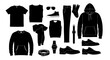 © Mamun - Collection of black clothing and accessories on white background fashion style apparel outfit wardrobe silhouette illustration shirt sweatshirt pants shoes sneakers socks watch belt sunglasses
