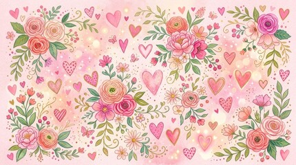  A pink and white floral arrangement with hearts and leaves on a pink background.