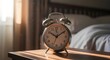 © omar bonyan - A classic retro alarm clock sits bathed in the soft, golden light of early morning on a wooden bedside table, symbolizing new beginnings and the gentle start of a tranquil day at home