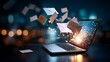 © O - Envelopes flying out of a laptop screen with bright light. Email notification concept for digital communication and online messaging.