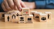 © Ummu - Training and Learning Development. Wooden blocks with human icons, placing a certification block on top, symbolizing structured training, skills development and organized learning pathways