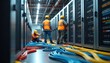© miss irine - Workers in hard hats install servers in a data center. Technicians connect network cables, setting up IT infrastructure. Professionals build digital systems for computing power and data storage.