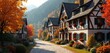 © Vadym - Traditional Bavarian village street lined with timber-framed houses, colorful autumn foliage. Cobblestone path leads past manicured gardens, trees. Mountain scenery forms scenic backdrop in bright