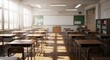 © Syahrul - Empty Classroom with Sunlight Streaming Through Windows and Desks Neatly Arranged.