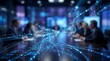 © Nest - Abstract blue light lines and particles flow dynamically over a blurred image of business professionals seated at a conference table, symbolizing data connectivity and global communication.