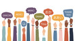 © Muhammad - Diverse raised hands with speech bubbles expressing gratitude and thanks in multiple international languages.
