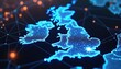 © Pete - Digital map of UK with glowing blue network lines connecting points. Shows global communication data flow and tech industry links across Great Britain and Ireland.