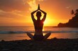 © Pete - Woman sits in yoga pose on beach pebble shore with hands raised in namaste mudra. Golden sunset light reflects on ocean waves, tranquil atmosphere by rocky island and palm trees.